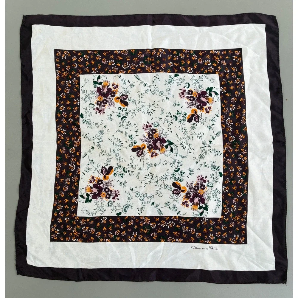 Oscar de la Renta Vintage Floral Silk Square Scarf Plum White Orange 20x20